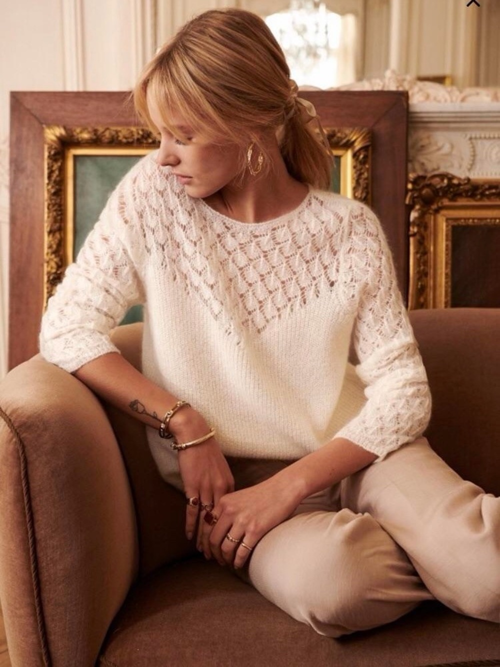Sezane Hortense Open-Knit Yoke Mohair Wool Blend Sweater Ecru White